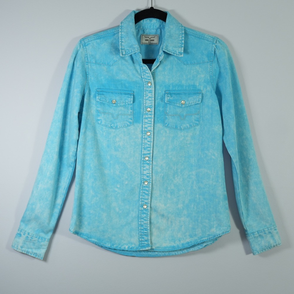 Kimes Ranch Pearl Snap Western Shirt Button Down Blue Tencel Cowgirl Rodeo S